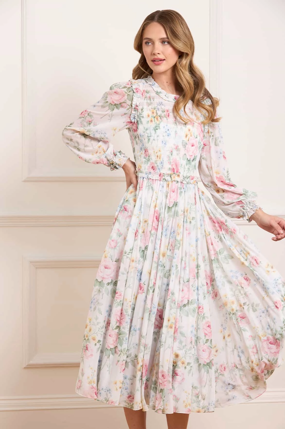 Understated Elegance Edgy vibes Pompadour Garden Chiffon Smocked Ballerina Dress