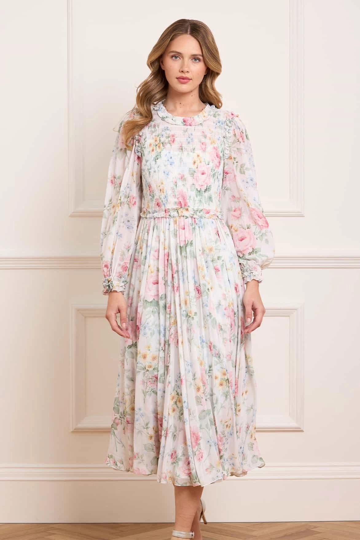Pompadour Garden Chiffon Smocked Ballerina Dress Printed-Fabric