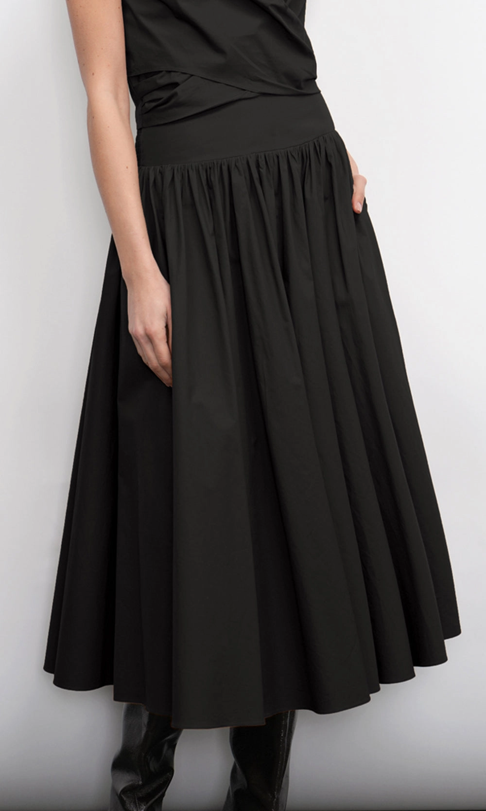 Etienne Smocked Waist Gathered Midi Skirt in Black Midi length Seasonal Drop