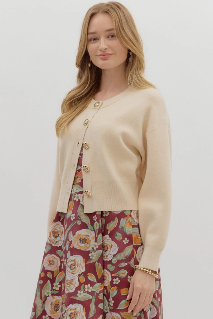LowMaintenance Fabric Contrast Stitch Detailing Eve Floral Button Cardigan Sweater