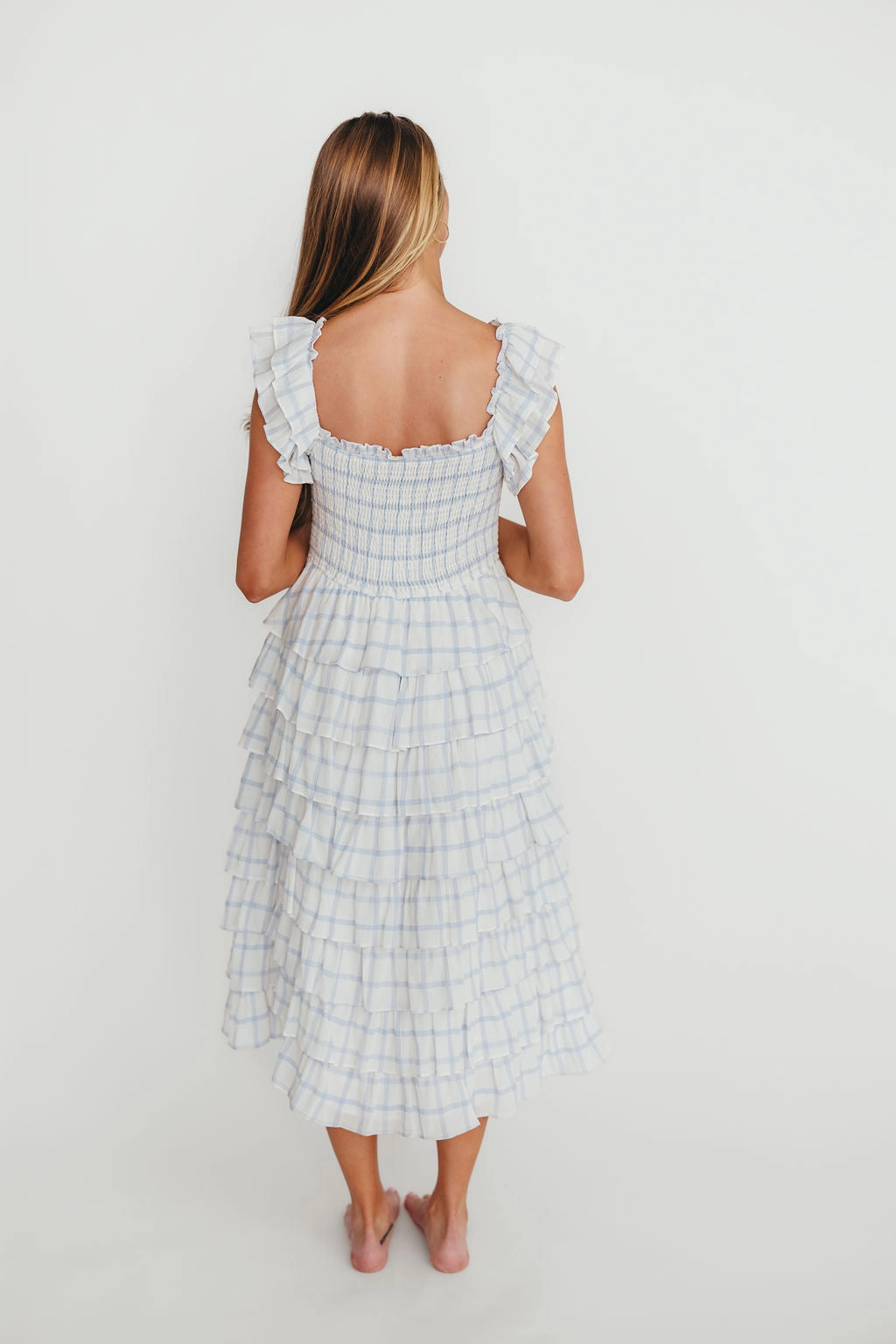 Adelynn Ruffle Midi Dress in White/Blue Pleat-Front