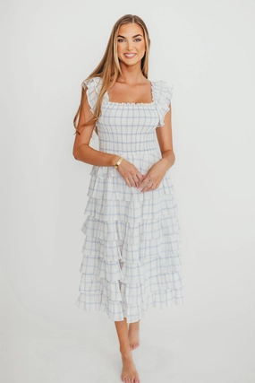 Adelynn Ruffle Midi Dress in White/Blue Soft Detail