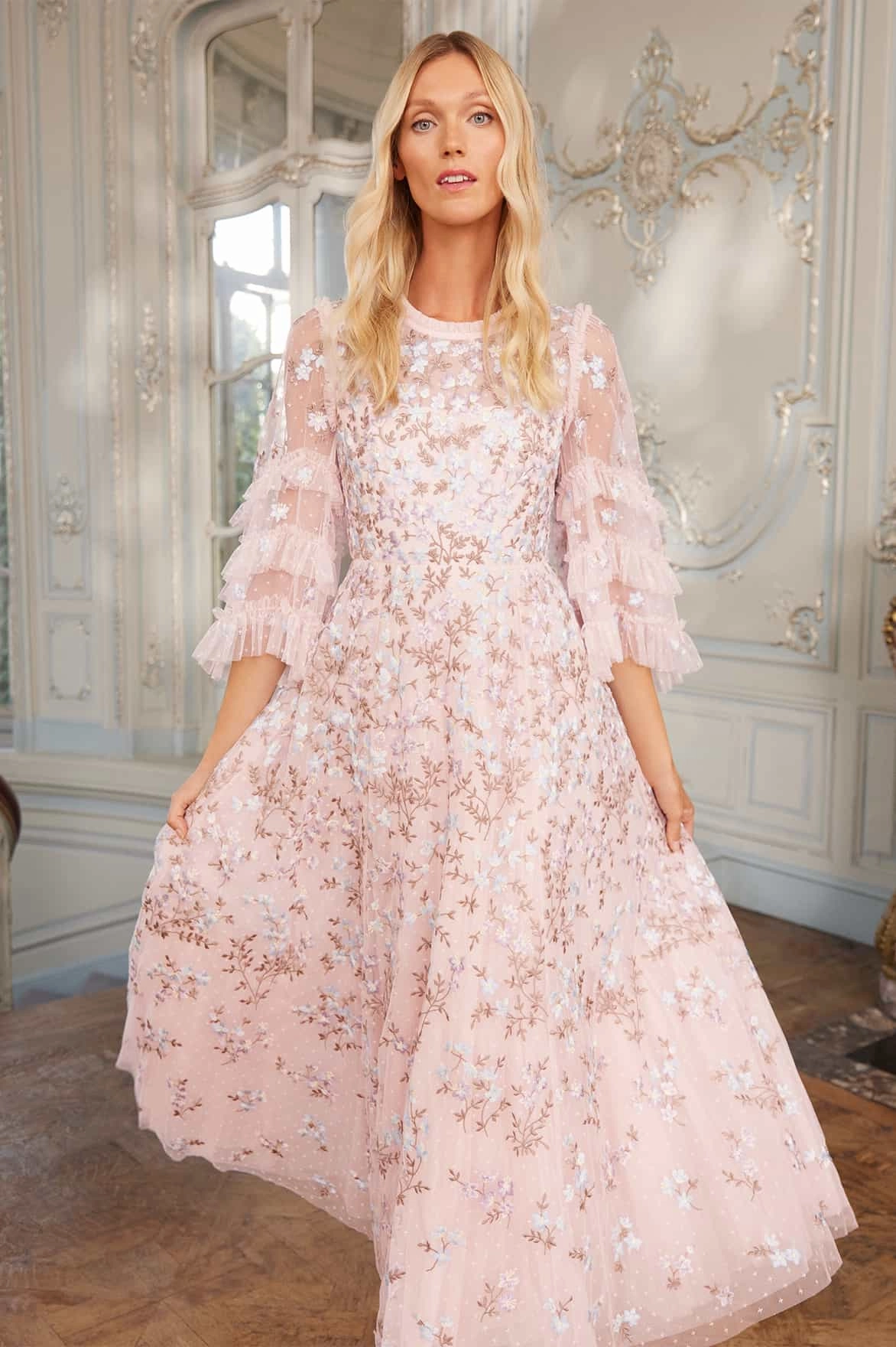 Drape Wave Movement Friendly Everett Bloom Round Neck Ankle Gown