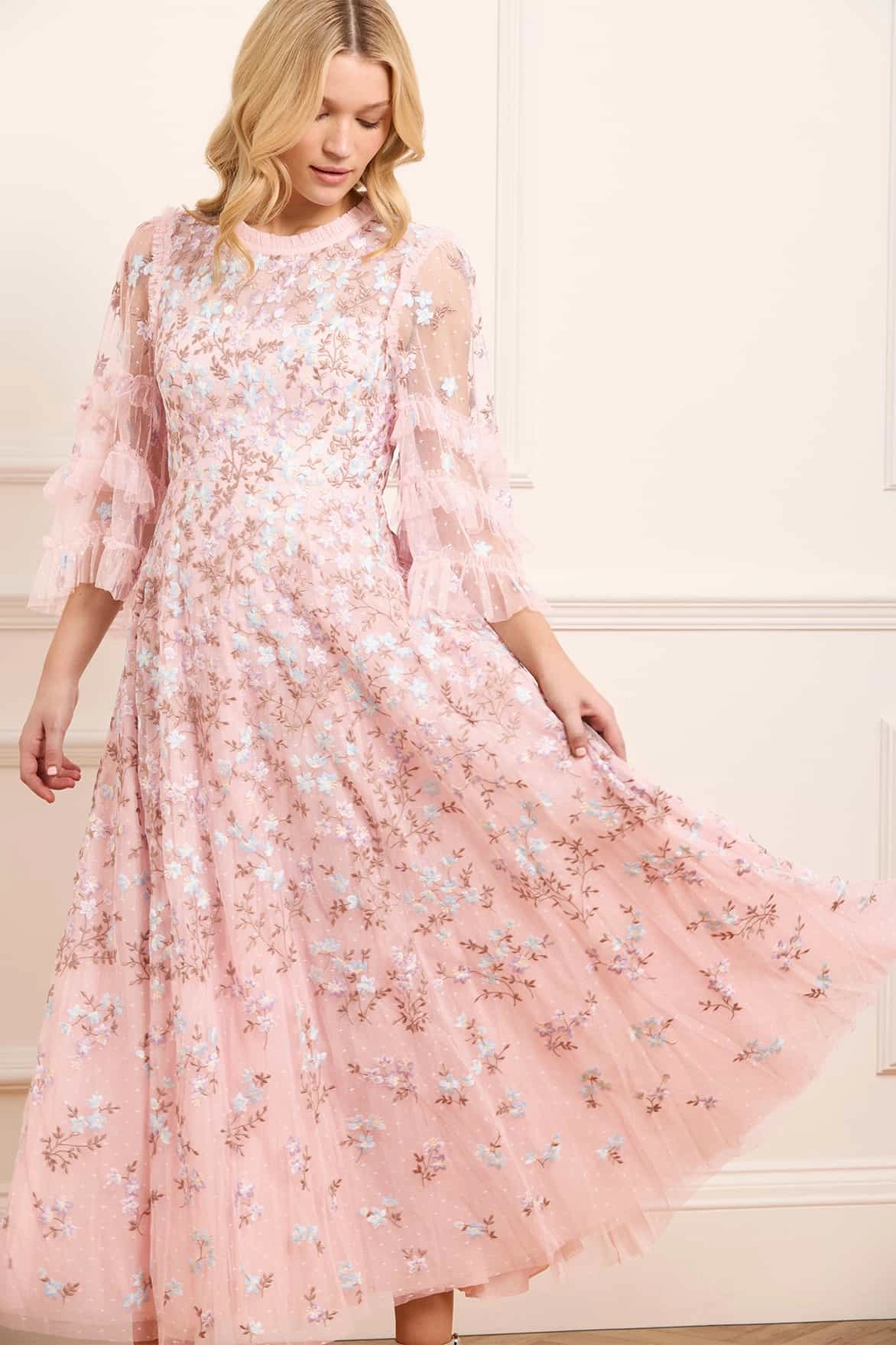 Gathered-Detail Everett Bloom Round Neck Ankle Gown