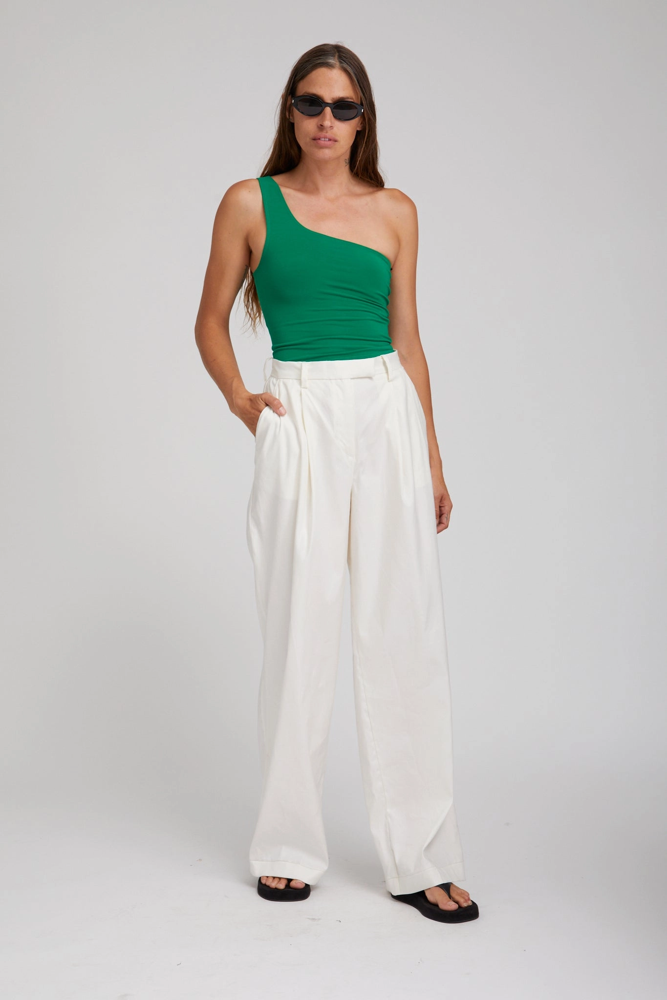 Contrast Stitch Detail Evergreen City One Shoulder Top