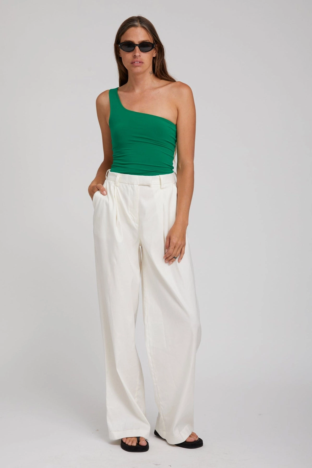 Evergreen City One Shoulder Top Mesh Lining Variable Tension Adjustment