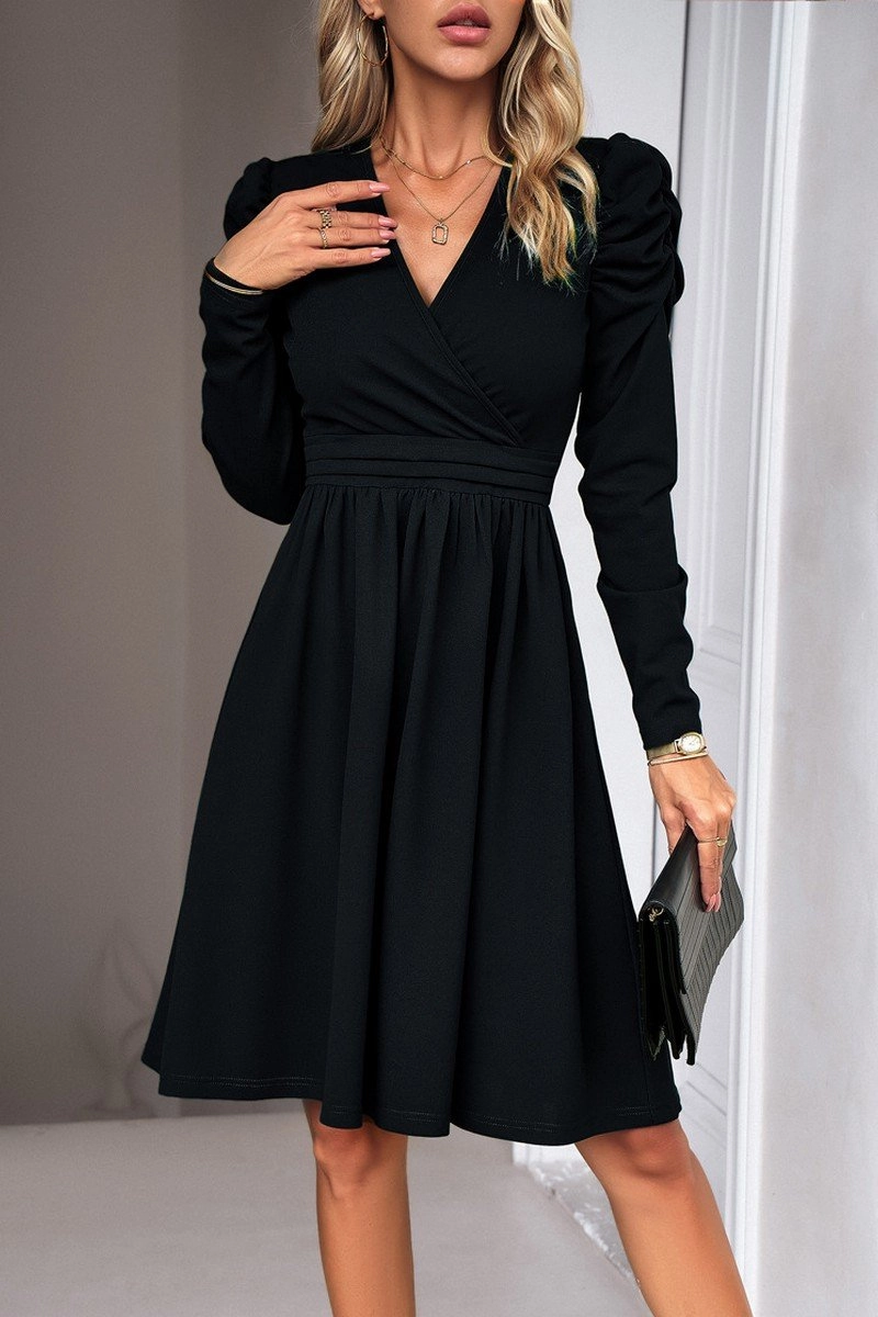 WOMEN PUFF SLEEVE V NECK WARP STYLE SWING DRESS Fashion-Forward Fit Short Sleeve