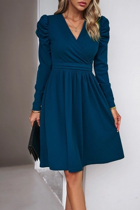 Versatile Look Fashionable appearance WOMEN PUFF SLEEVE V NECK WARP STYLE SWING DRESS