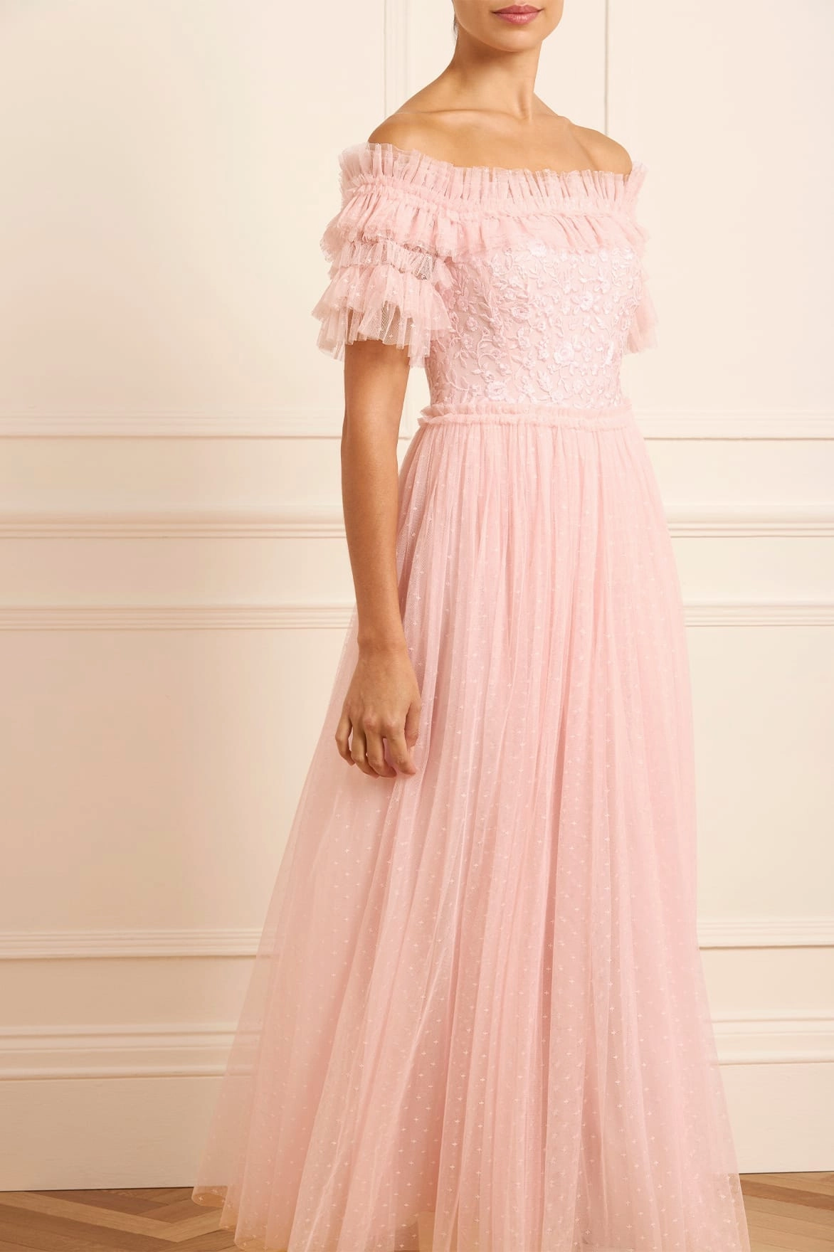 Midsummer Lace Bodice Off-Shoulder Ankle Gown Metallic-Shine