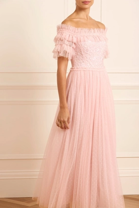 Midsummer Lace Bodice Off-Shoulder Ankle Gown Metallic-Shine