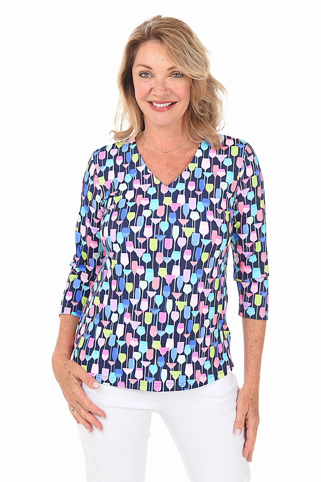 Wine Glasses Classic UPF50  V-Neck Top LightweightConstruction