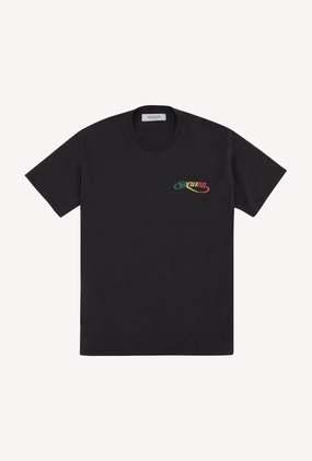 Garment Washed Finish Hidden Button Placket Faded Black Cotton Script Logo Tee