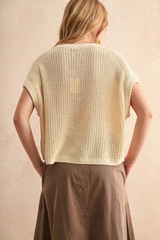 Maggie Cap Sleeve Sweater in Cream Yarn Dye Stripe Timeless Cut