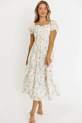 Quiet Luxury Azalea Ruched Puff Sleeve Midi Dress in Ivory Floral *Final-Sale*