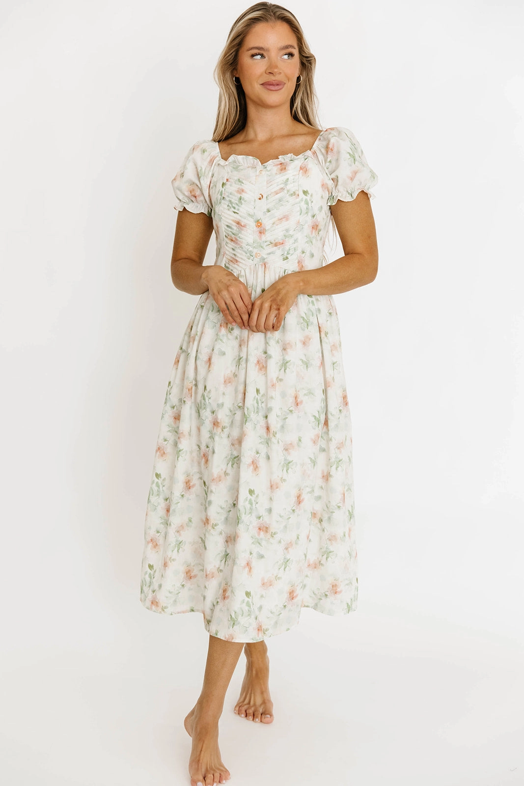 Natural Layers Airy Touch Azalea Ruched Puff Sleeve Midi Dress in Ivory Floral *Final-Sale*