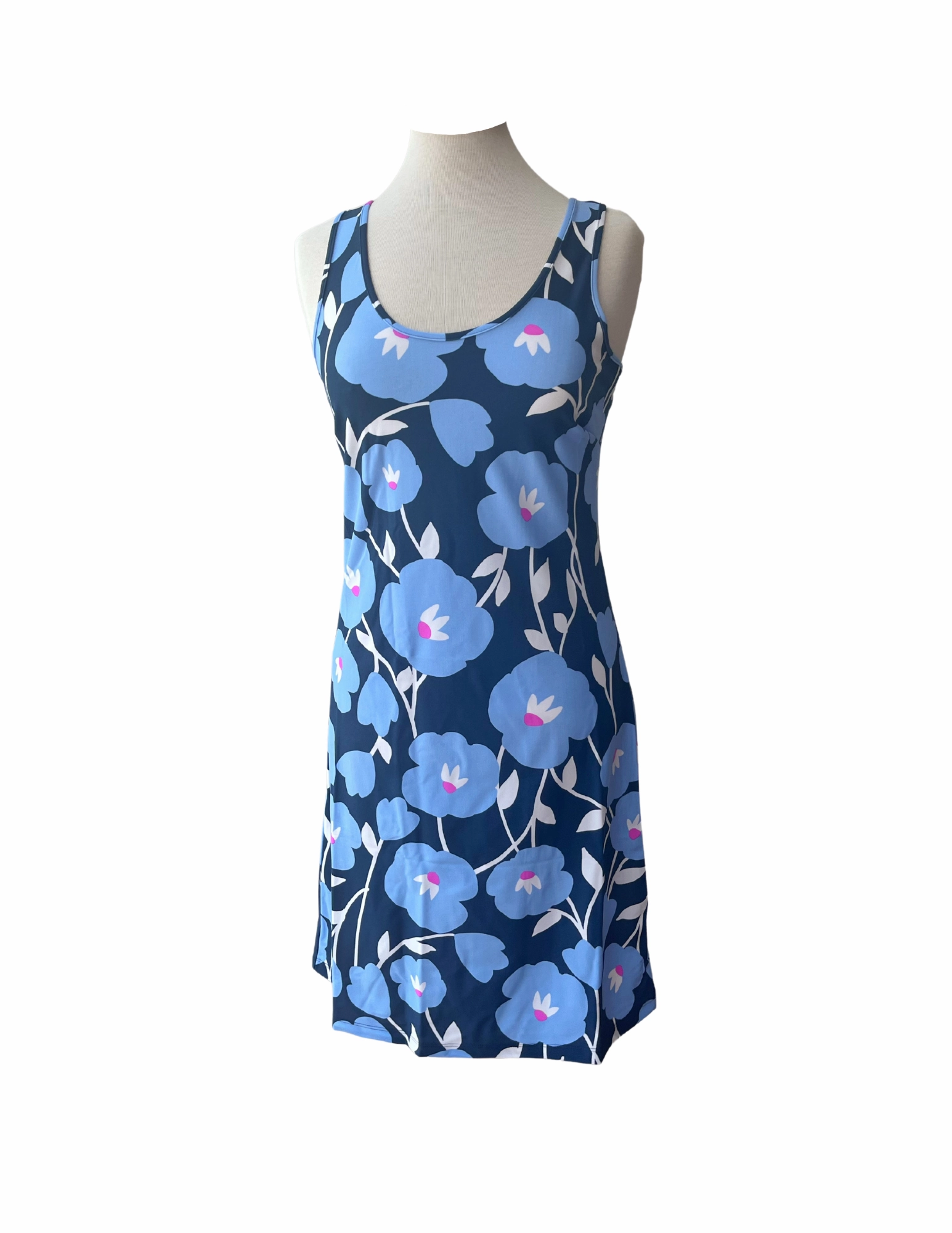 Long Bali Tank Dress Pop Art Flower Navy Decorative-Design Flap-Detail