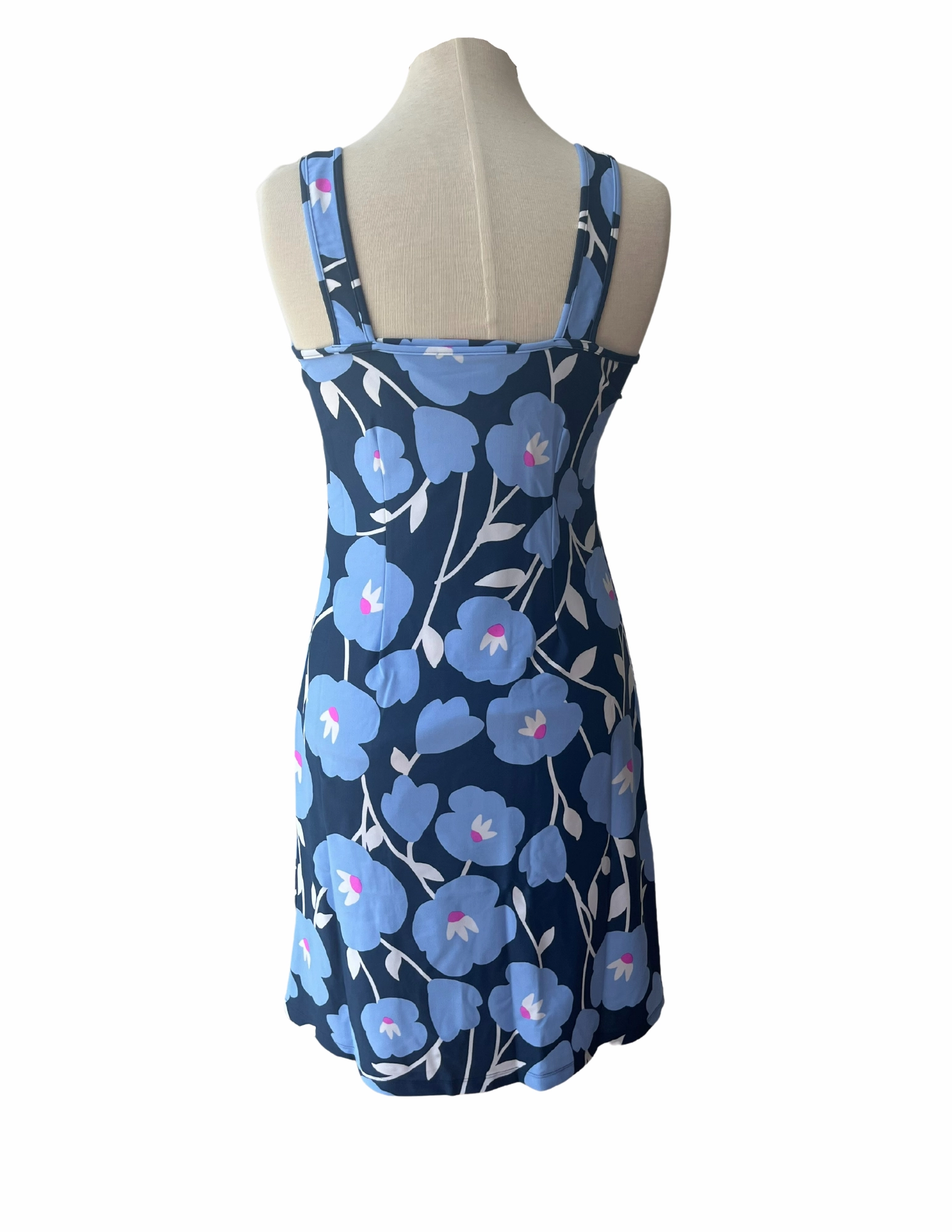 Long Bali Tank Dress Pop Art Flower Navy Flattering Lines Bright Accent