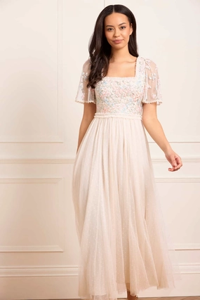 Tonal-Stitching Stain-Guard-Finish Versailles Ditsy Bodice Ankle Gown