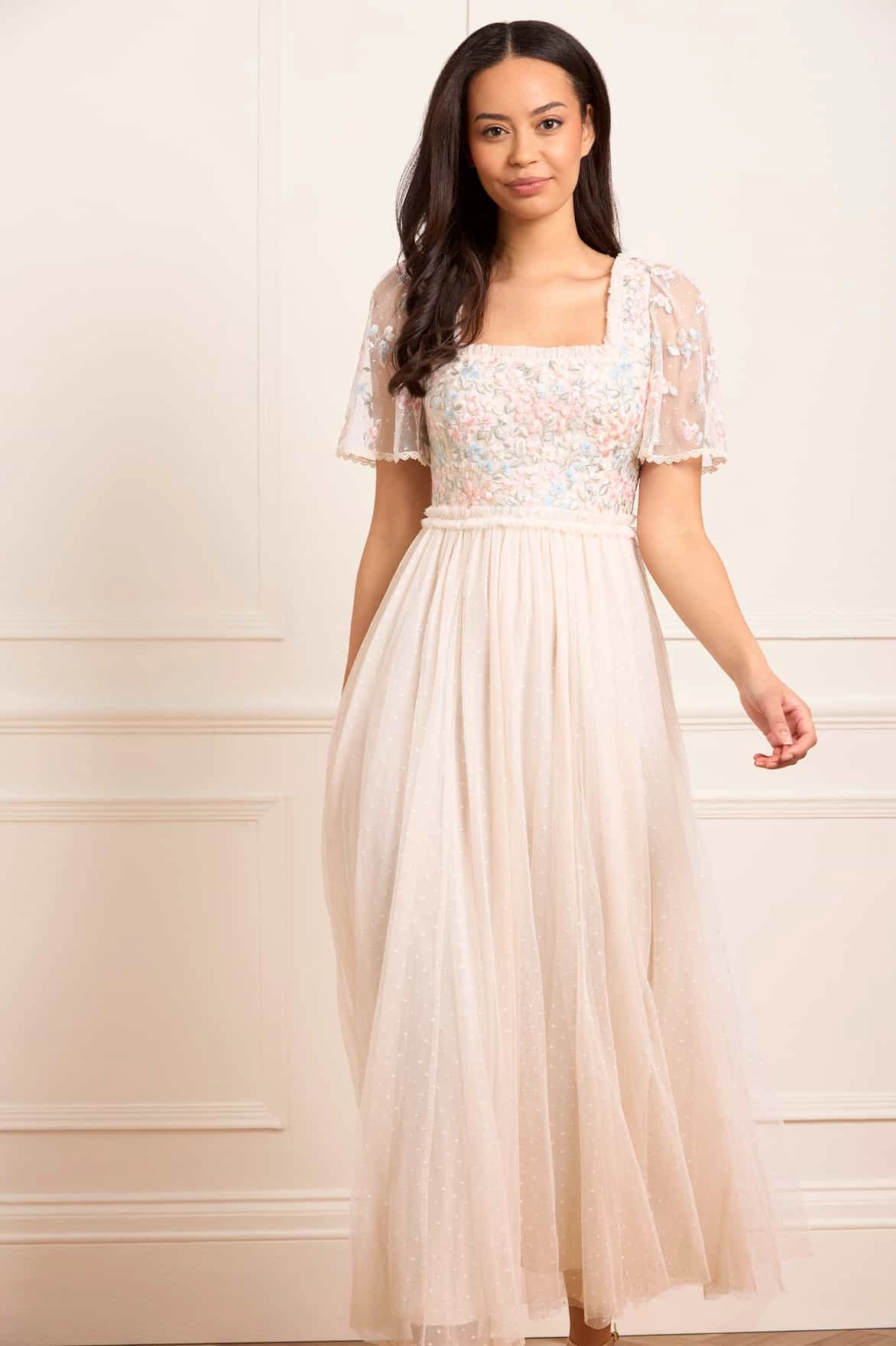 Tonal-Stitching Stain-Guard-Finish Versailles Ditsy Bodice Ankle Gown