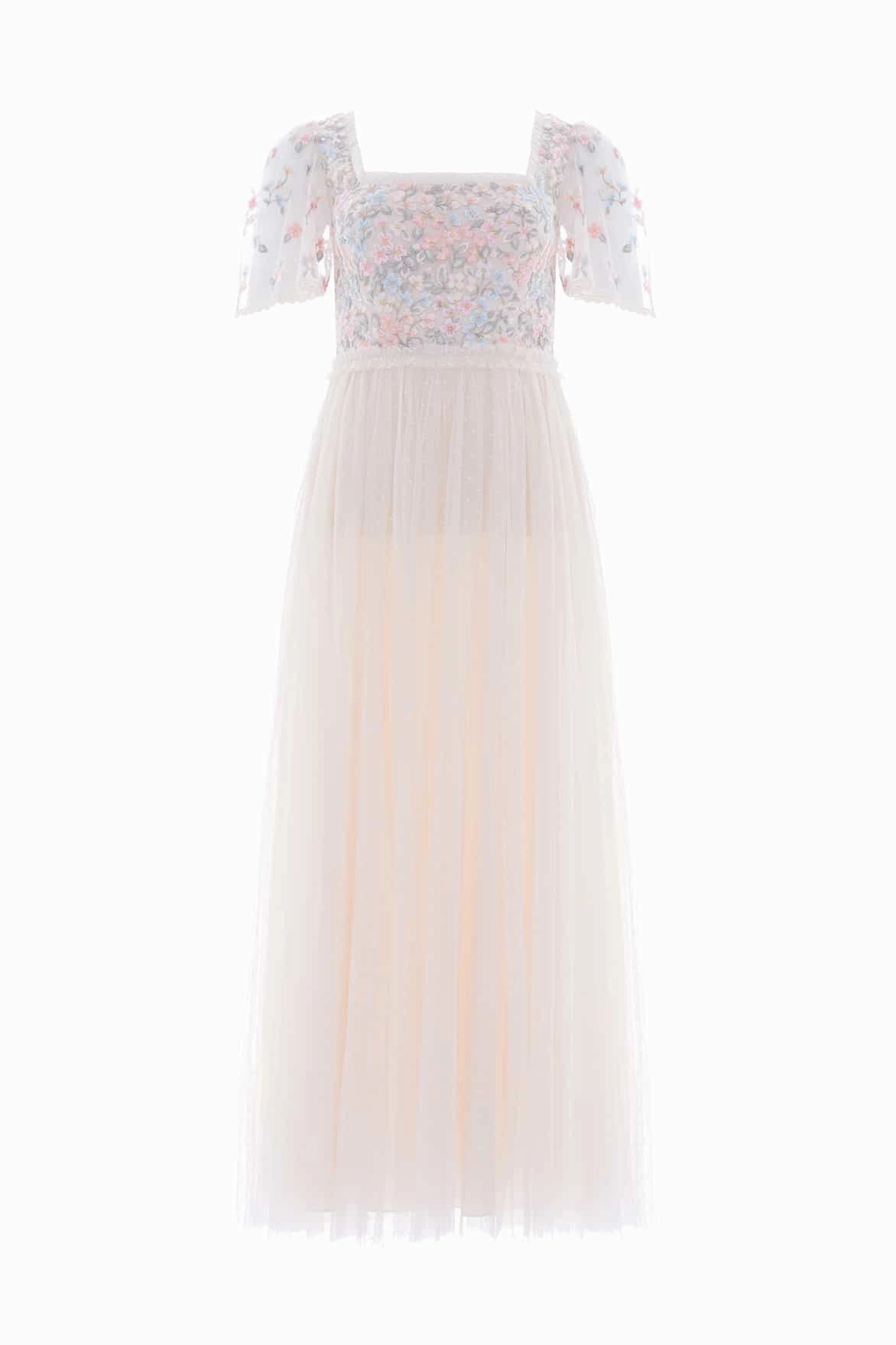 Airy Layer Seamless-Look Versailles Ditsy Bodice Ankle Gown