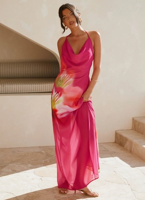 Warm Soft Collar Accent Fantasy Maxi Dress - Pink Tropical
