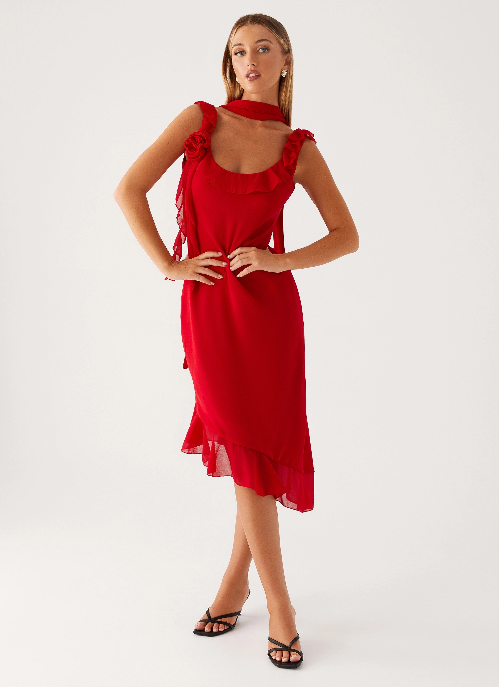 Fariday Midi Dress - Red Minimalist Waistband