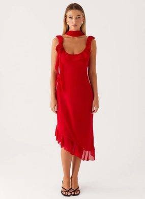 Button Accent Fariday Midi Dress - Red