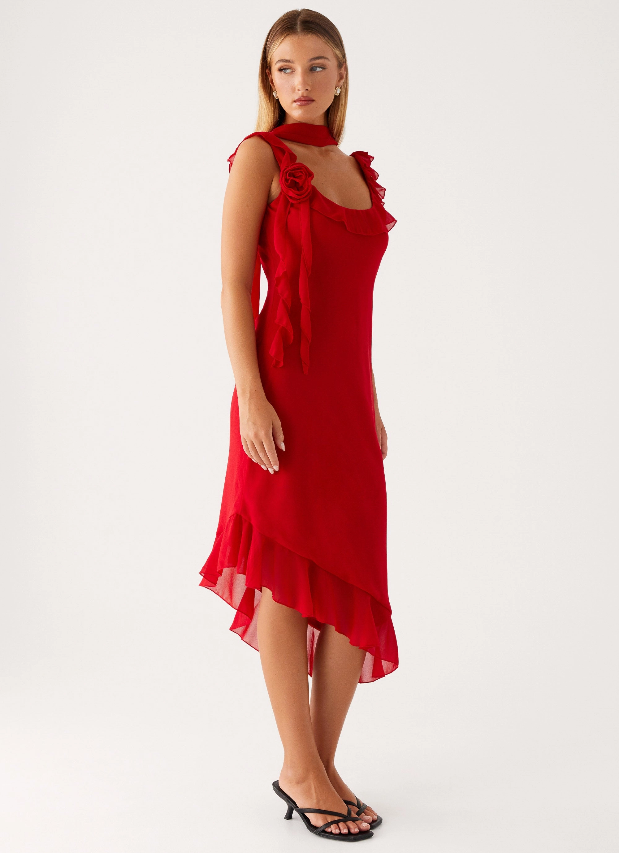 Fariday Midi Dress - Red Halter-Neck Tailored Fit