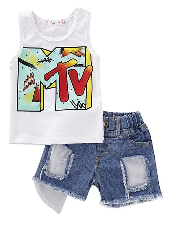Fashion Baby Kids Outfit Tank Top Ripped Fringe-hem Short Jeans