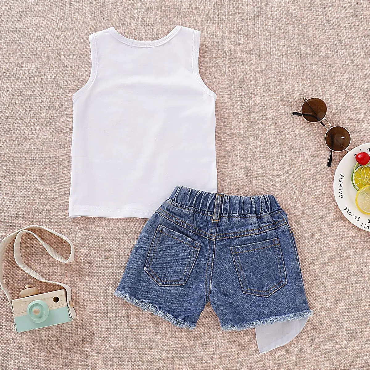 Fashion Baby Kids Outfit Tank Top Ripped Fringe-hem Short Jeans