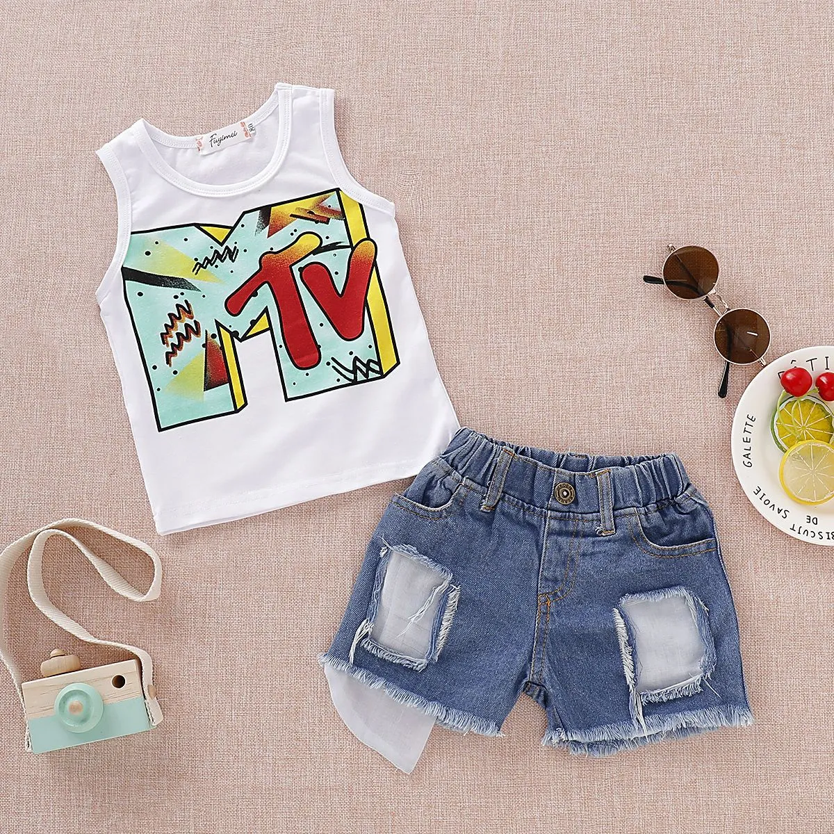 Fashion Baby Kids Outfit Tank Top Ripped Fringe-hem Short Jeans