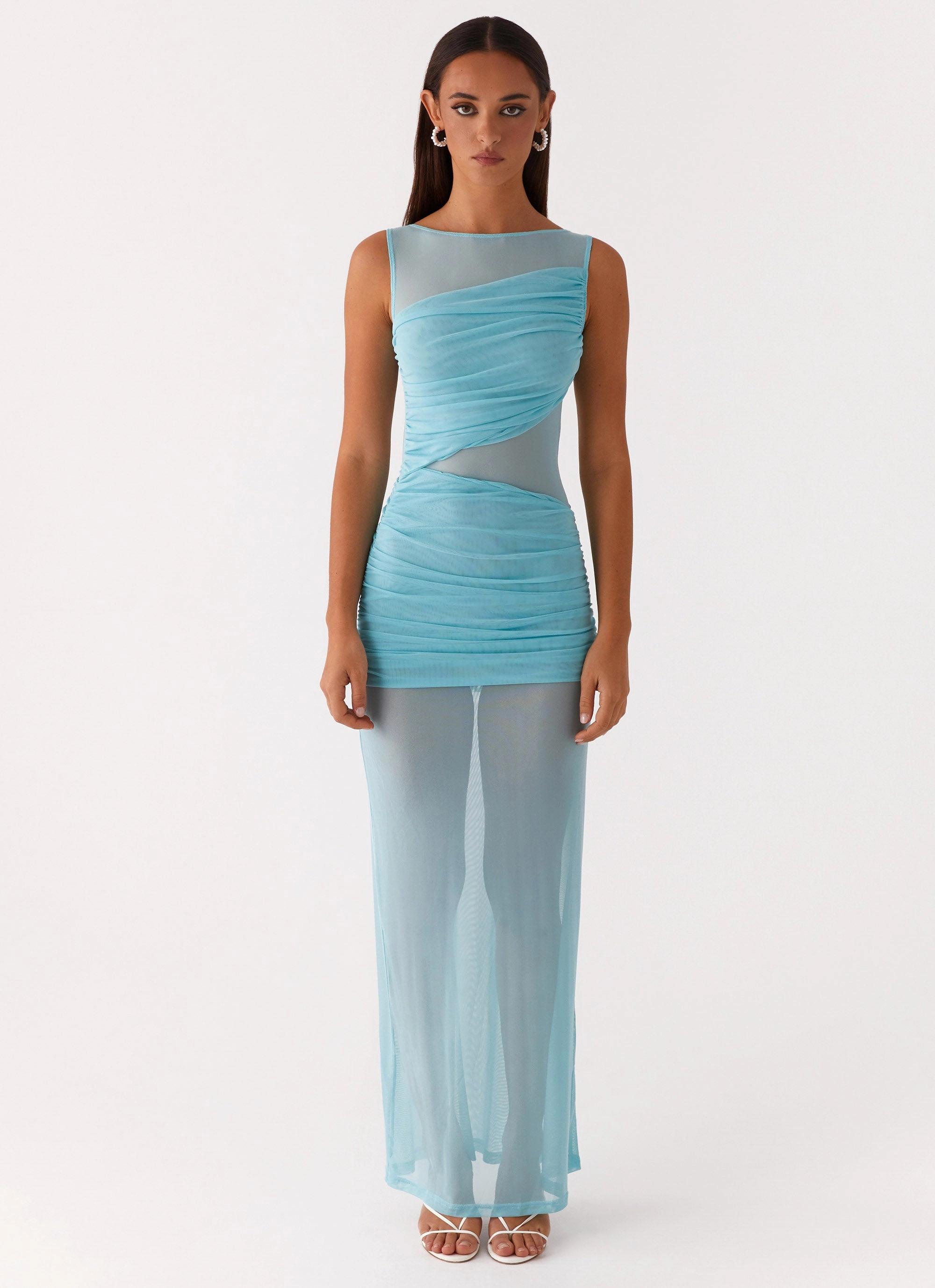 Apollo Maxi Dress - Aqua Semi Sheer Peplum-Style