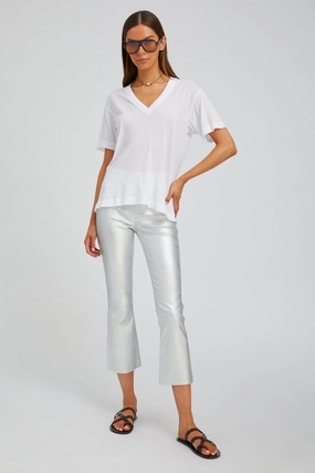 Metallic Silver Leather Crop Flare Soft Waistband