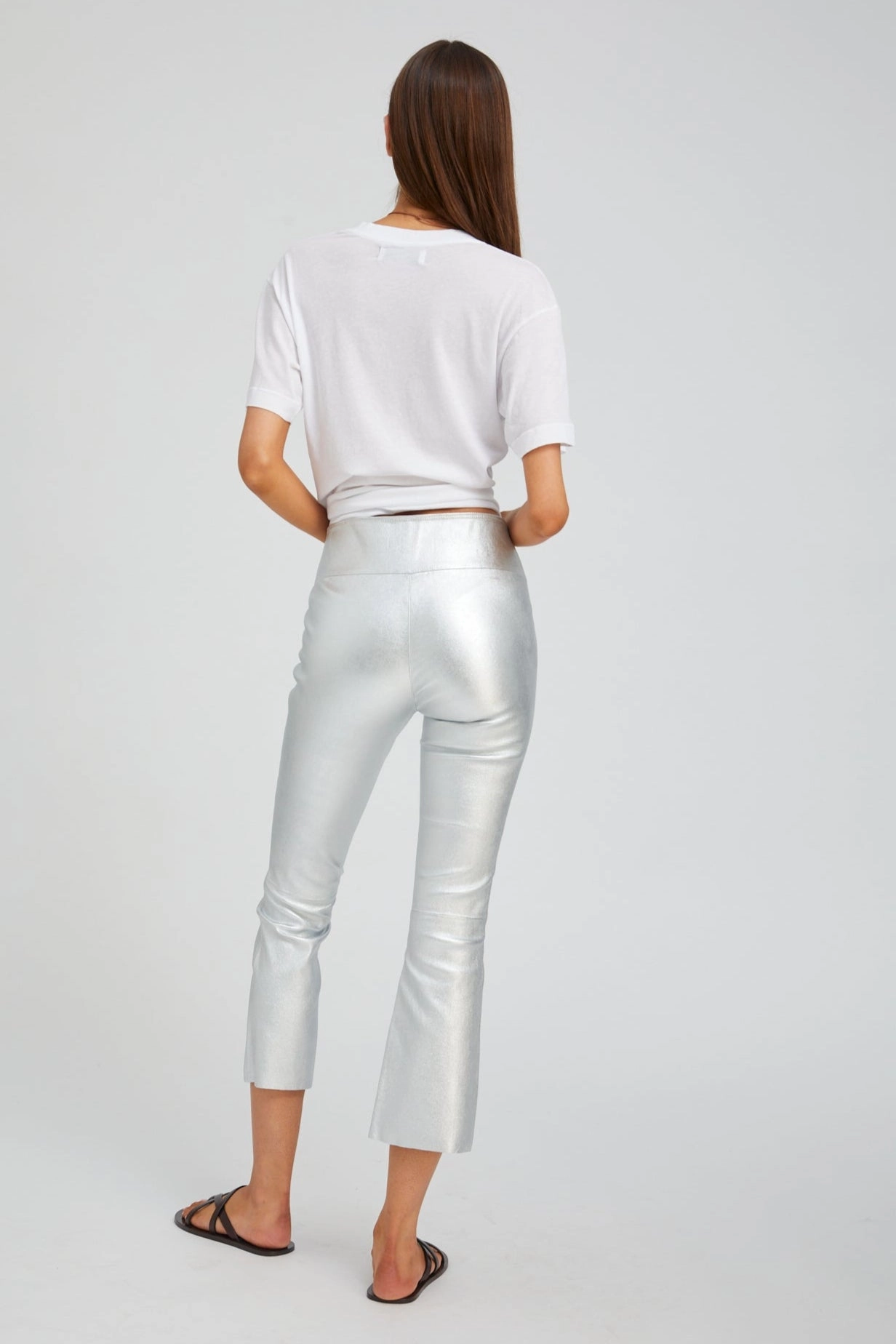 Supportive Waist Metallic Silver Leather Crop Flare