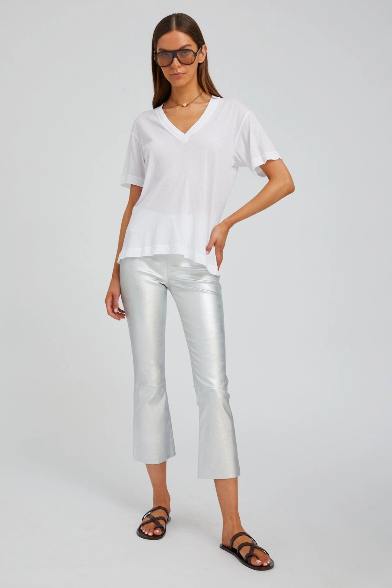 Metallic Silver Leather Crop Flare Soft Waistband