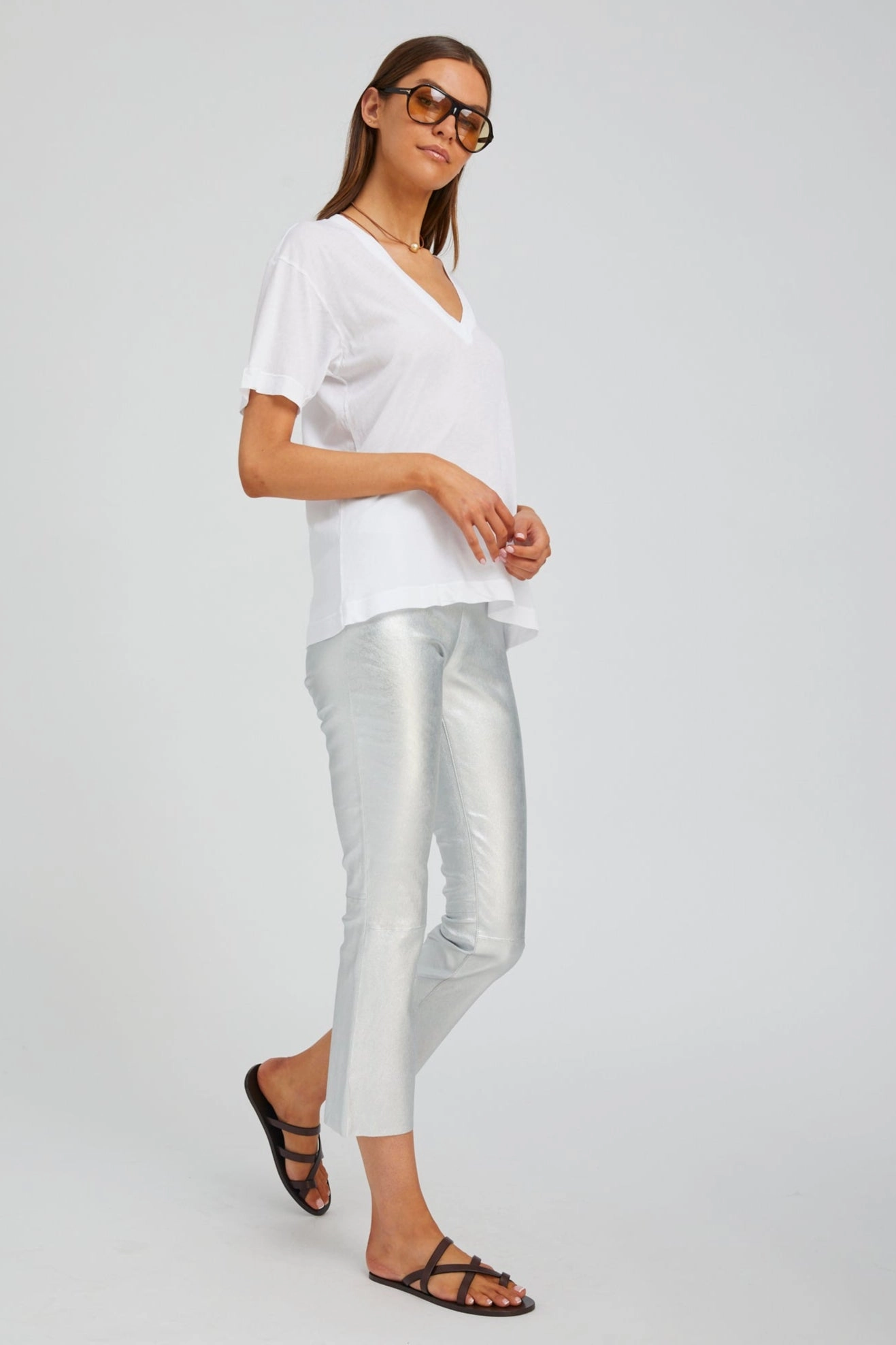 Wrinkle Resistant Luxury Choice Metallic Silver Leather Crop Flare