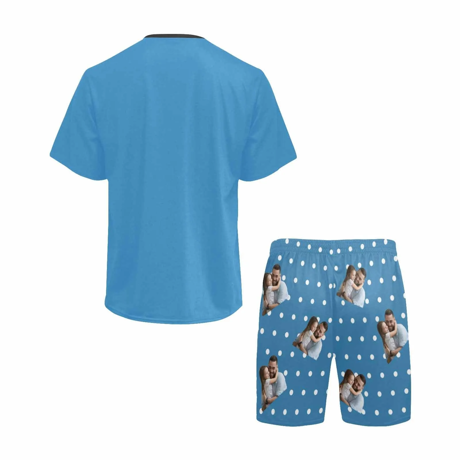 #Father's Day Pajamas-Custom Dad Photo Blue Men's Crew Neck Short Sleeve Pajama Set