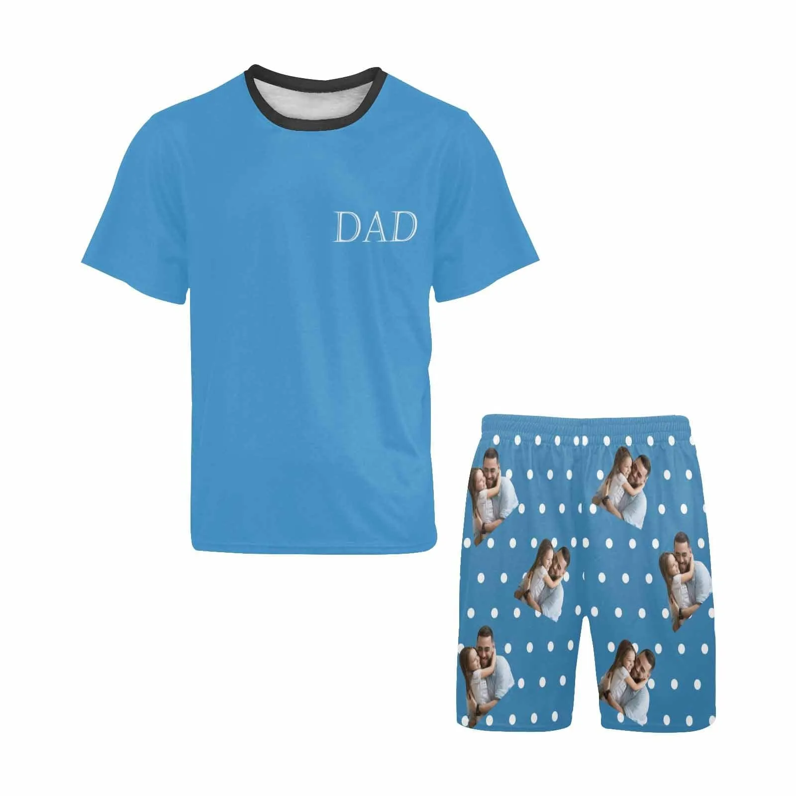 #Father's Day Pajamas-Custom Dad Photo Blue Men's Crew Neck Short Sleeve Pajama Set