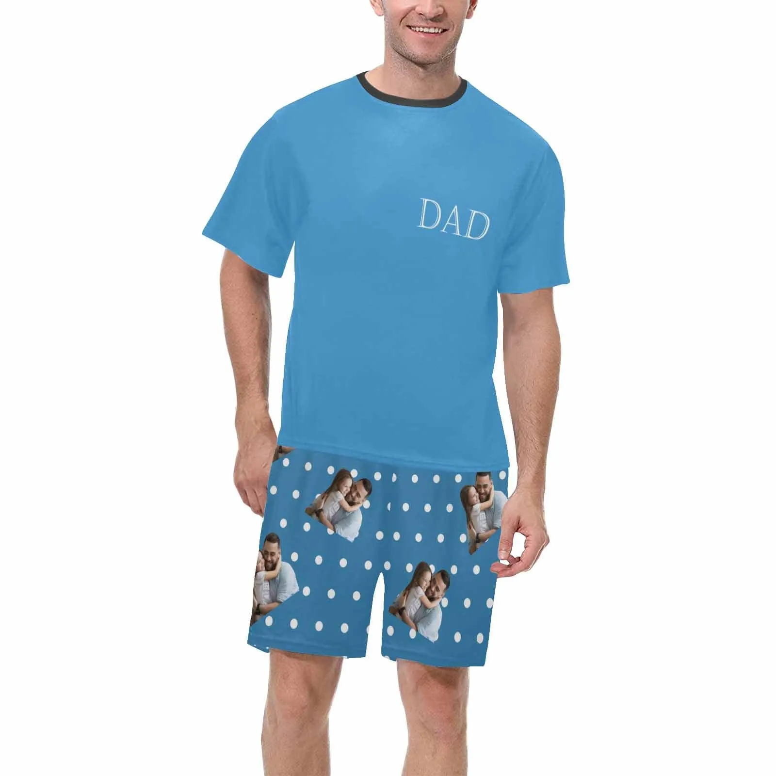 #Father's Day Pajamas-Custom Dad Photo Blue Men's Crew Neck Short Sleeve Pajama Set