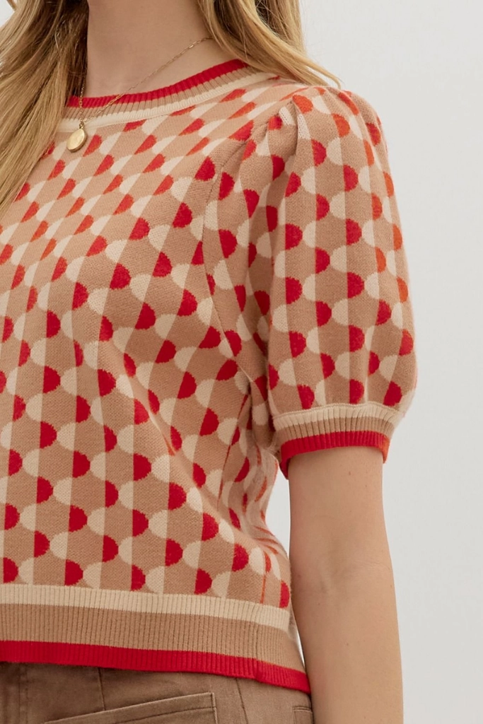 Fawn Argyle Short Sleeve Sweater in Camel BlendMaterials