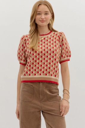 Flexible Knit Blend Fawn Argyle Short Sleeve Sweater in Camel
