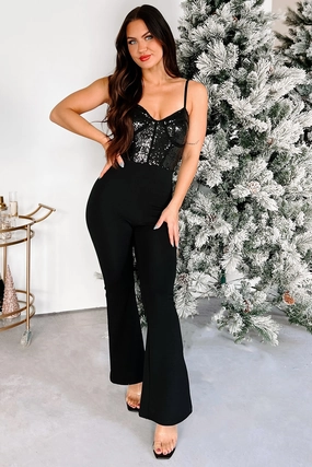 TumbleDryFriendlyMaterial Feeling Snazzy Sequin Corset Jumpsuit (Black)