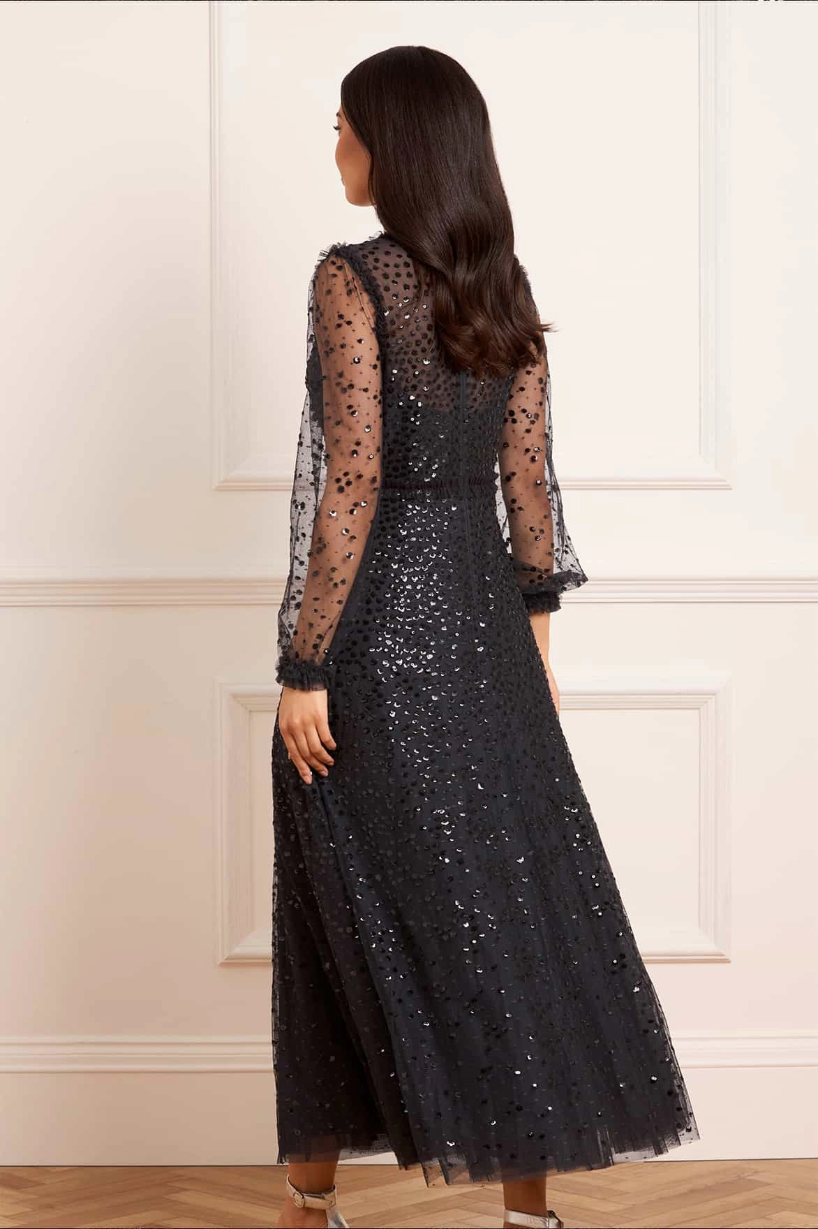 Dappled Sequin Long Sleeve Ankle Gown Chilly Weather Layer