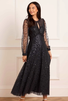 Dappled Sequin Long Sleeve Ankle Gown Satin-Sleeve Perfect Look