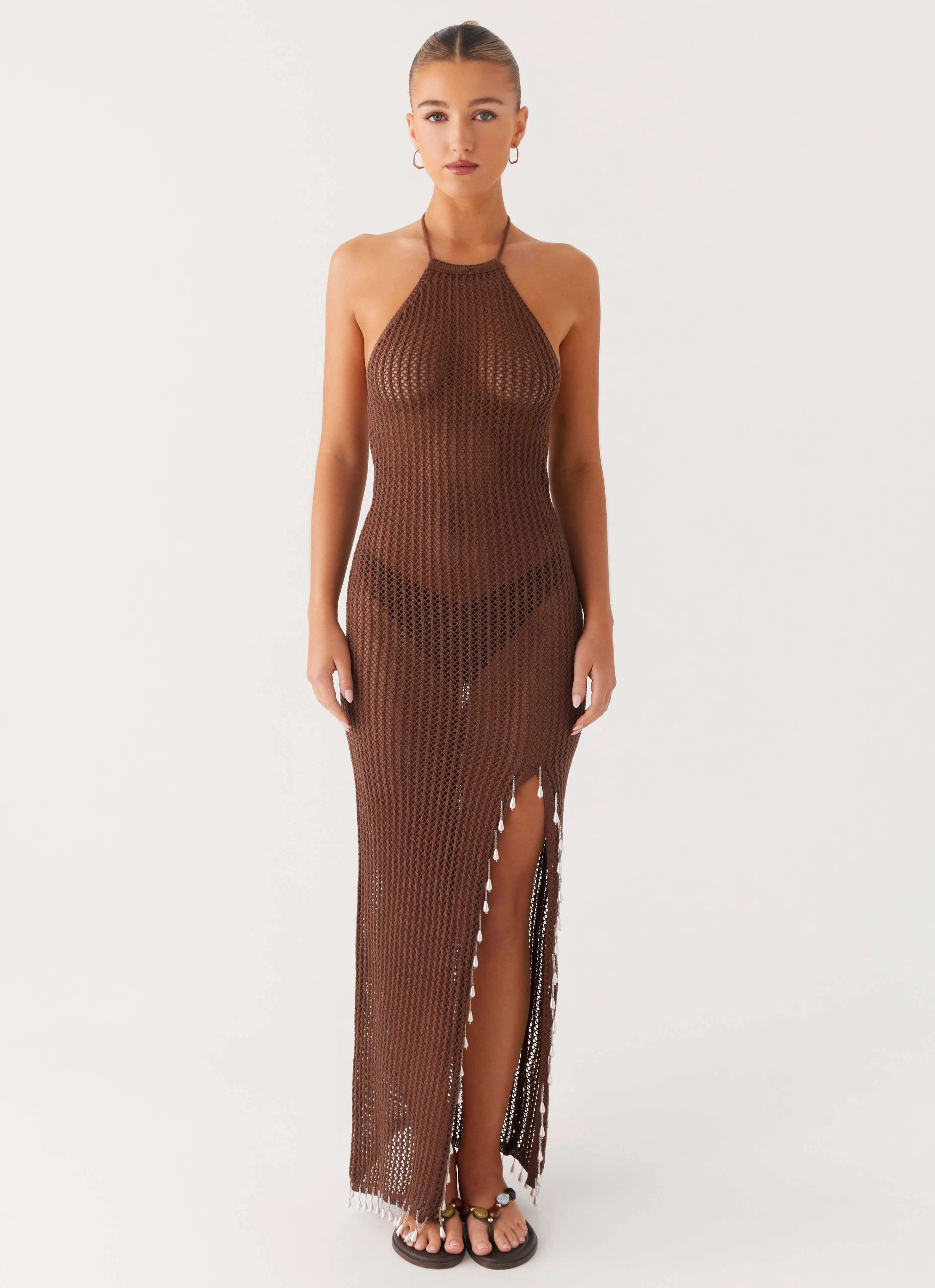 Fennella Beaded Maxi Dress - Chocolate Dew Tone Elegant Waistband Fit