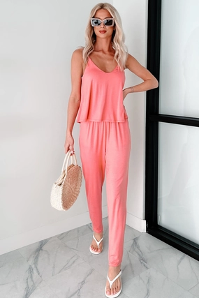 EcoFriendly Manufacturing Fields Of Fancies Sleeveless Slim Leg Jumpsuit (Coral)
