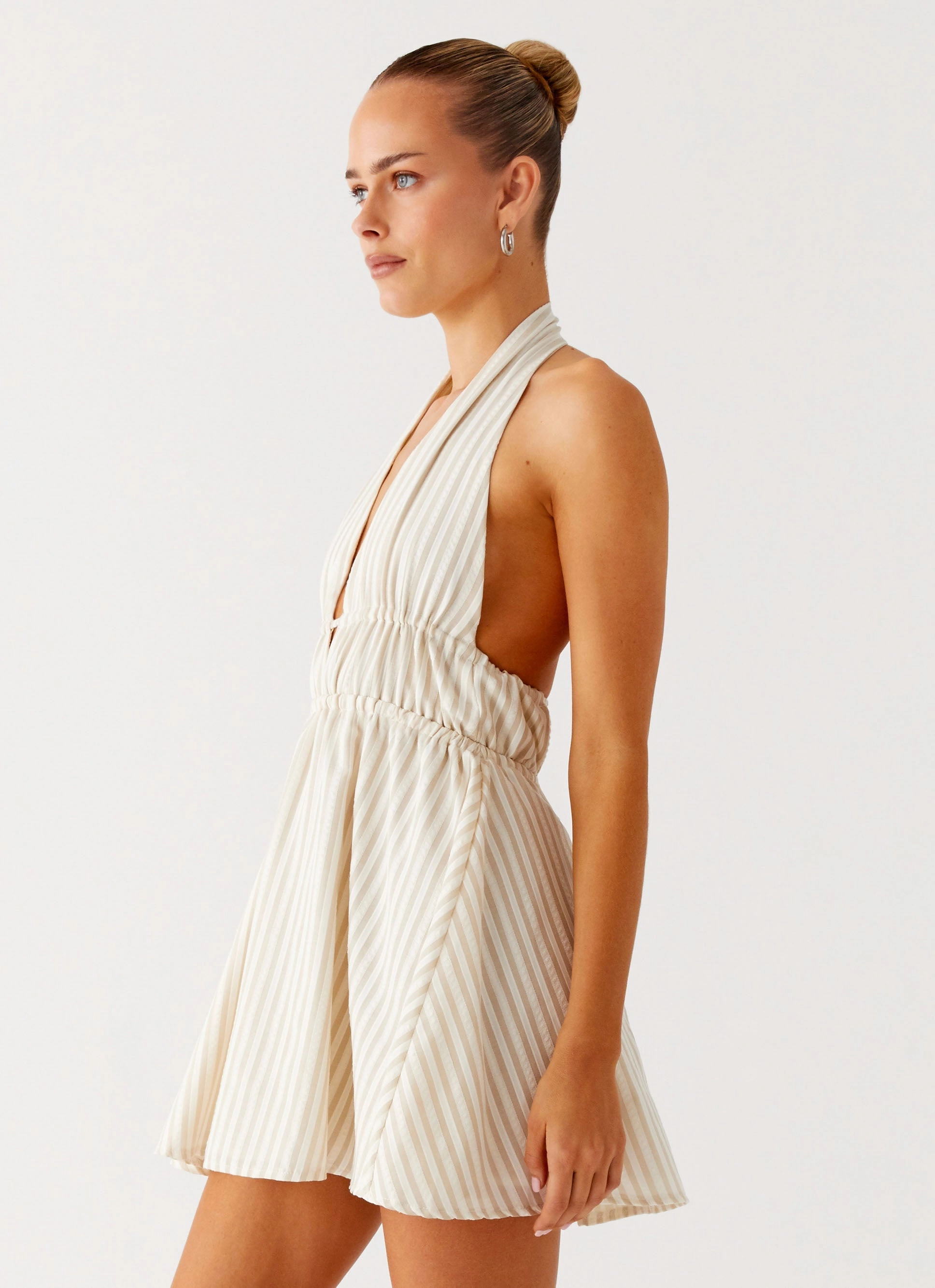 Figaro Halter Mini Dress - Taupe Stripe Elegant Wearable Perfect Wearable
