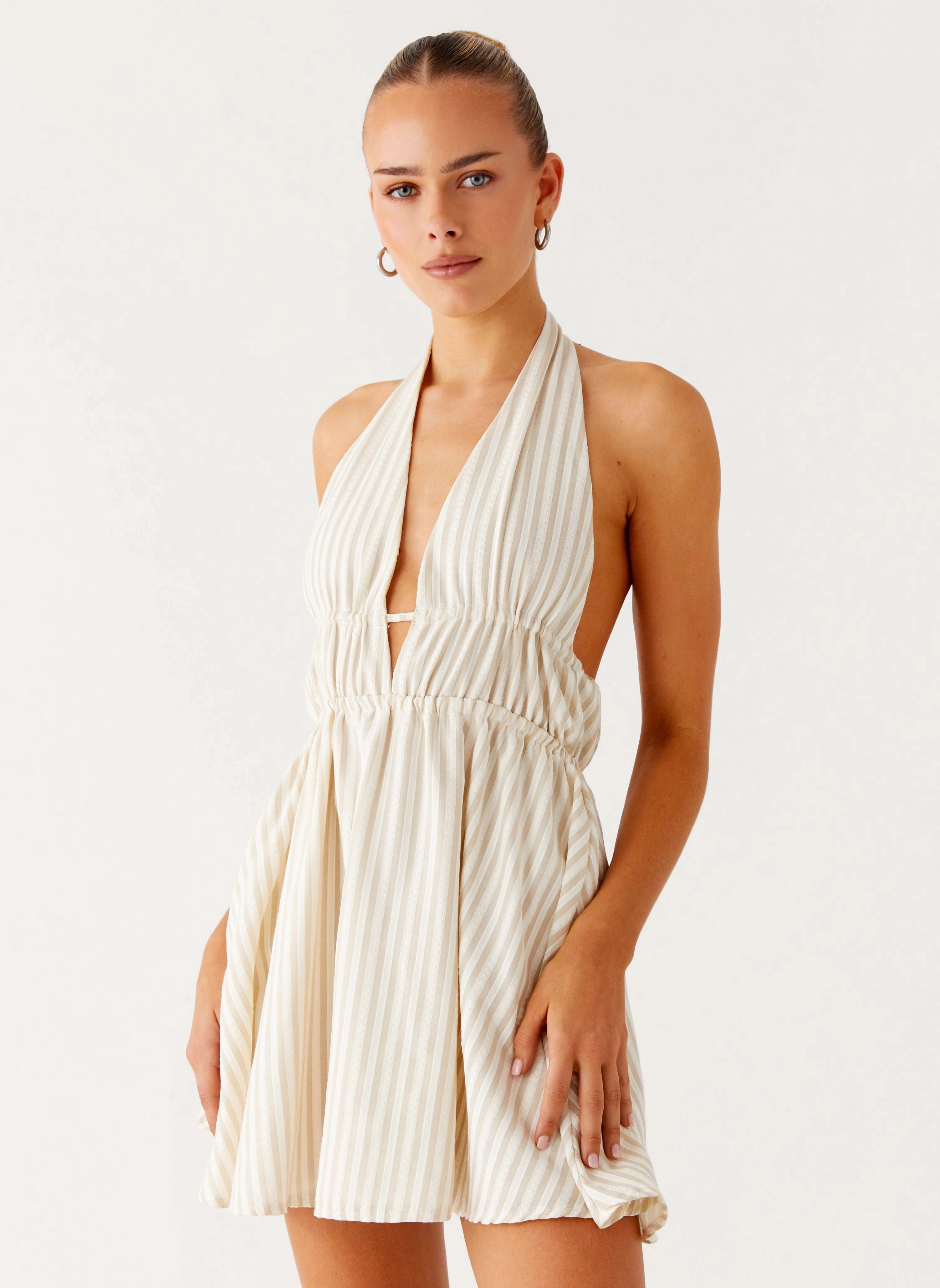 Figaro Halter Mini Dress - Taupe Stripe Office Tone Chill Style