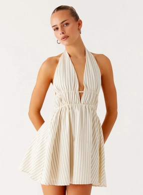 Festival Mood Flattering Cut Wear Figaro Halter Mini Dress - Taupe Stripe