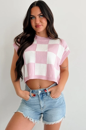 Finding My Zen Checker Knit Top (Pink) Daily Wear GarmentWashedFinish